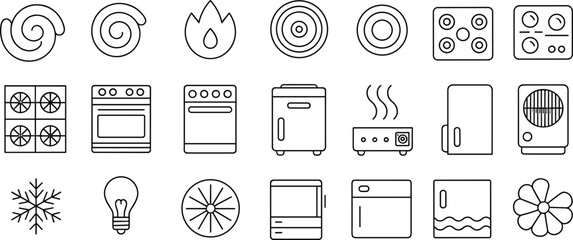Kitchen appliances icons, stove, oven, refrigerator, washing machine, dishwasher, cooking equipment, gas burner, microwave, household electronics, flat vector illustration