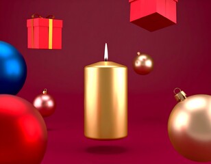 Floating gold candle surrounded by festive Christmas ornaments and presents