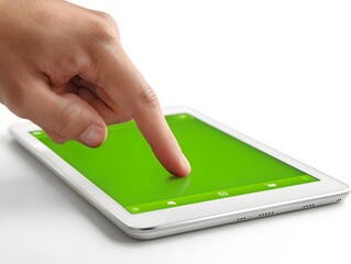 A man's finger touches the bright green screen of a modern tablet device on a white reflective surface.