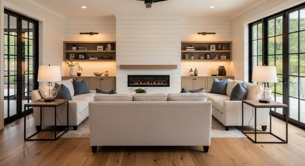 Fototapeta premium Elegant living room with cozy fireplace and sophisticated decor