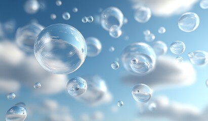Transparent bubbles floating in a blue sky with white clouds, creating a serene and whimsical visual scene.