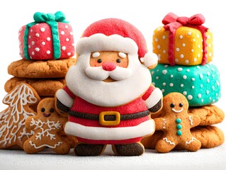 Fototapeta premium Festive Christmas cookies with Santa Claus, gingerbread men, and presents create a holiday season display.