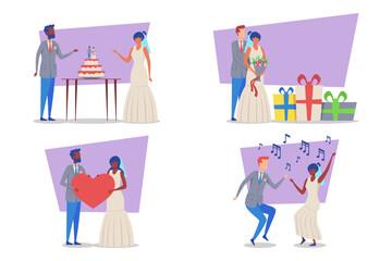 Couples engaged in diverse wedding festivities, showcasing cake cutting, bouquet tossing, gift exchanges, and joyful dancing. Love and happiness concept