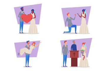 Illustrations of joyful moments of marriage, including heart symbols, proposals, ceremonies, and vibrant exchanges. Love and celebration experienced during weddings concept