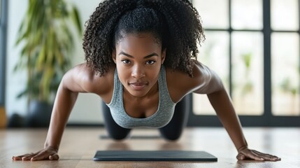 Young woman doing push-ups on a mat indoors, looking determined and focused on her workout.