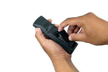Selective focus on man hand holding tv remote control and changing battery isolated on white background. Replacement, spare parts of device. Watching television at home