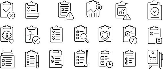 Clipboard checklist icons, task management, business planning, document report, analytics data, project workflow, approval rejection, schedule deadline, flat vector illustration