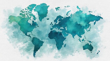 Watercolor world map, teal & muted tones