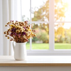 Floral bouquet by window, autumnal view