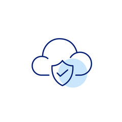 Verified cloud security, trusted data storage, secure services, approved online protected information. Shield, checkmark. Pixel perfect, editable stroke vector icon