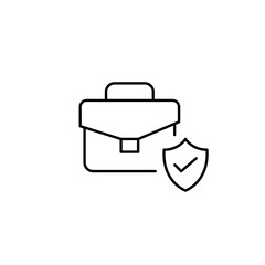 Verified business security, trusted professional protection, secure work data, approved corporate access. Briefcase, shield and checkmark. Pixel perfect, editable stroke vector icon