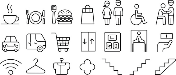 Hospitality restaurant icons, hotel service, shopping bag, transportation travel, accessibility wheelchair, WiFi internet, food drink, luggage storage, flat vector illustration