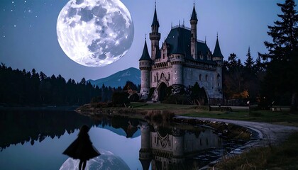 Obraz premium A large, luminous moon illuminates a majestic castle by a still lake, its reflection mirroring the grand structure and a dark silhouette of a figure.