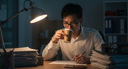 Man working late at his desk with a cup of coffee and lots of paperwork.