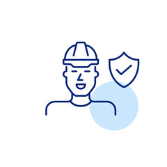 Male engineer in hard hat. Verified worker safety, trusted construction protection, secure job site. Pixel perfect, editable stroke vector icon