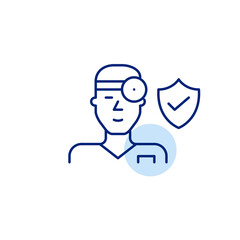 Trusted ear nose throat care, secure patient treatment. Doctor, shield and checkmark. Pixel perfect, editable stroke vector icon