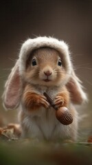 Obraz premium A tiny squirrel wearing a cozy hood and holding an acorn.