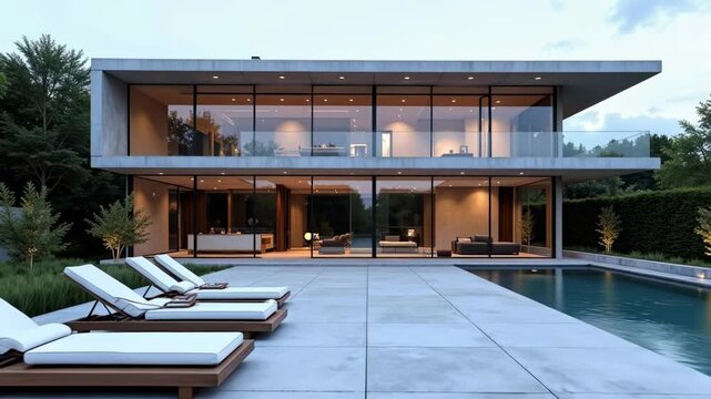 Modern architectural home with pool reflecting sky at dusk, luxury living and relaxation video