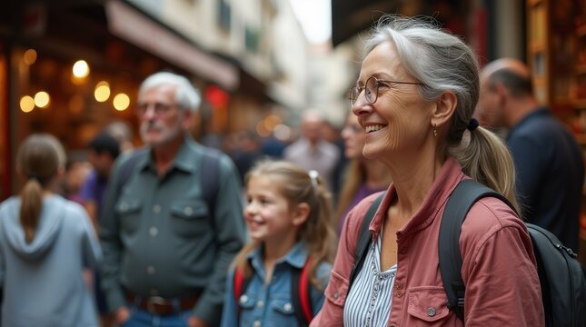 Happy senior woman smiling and visiting a crowded european city during holidays with her family, a blurred man and a little girl standing next to her in the background