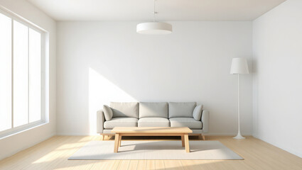 Fototapeta premium Modern living room with natural light and comfortable sofa and coffee table