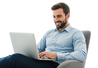 Photo of handsome bearded man using laptop computer isolated on transparent background