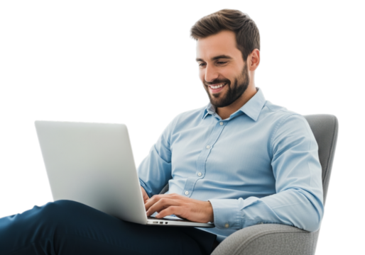 Photo of handsome bearded man using laptop computer isolated on transparent background - Powered by Adobe