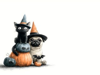 A charming Halloween illustration features a black cat, pug dog, and pumpkins wea witch hats together.