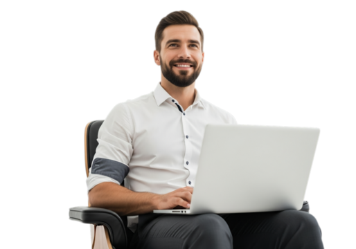 Photo of handsome businessman using laptop isolated on transparent background in the office