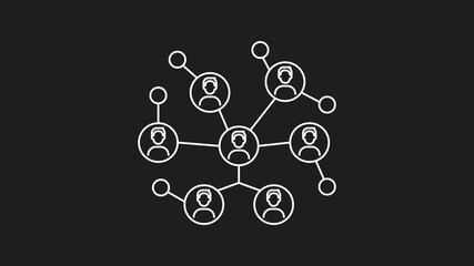 White animated social network icon. Network of connected people with peripheral circle nodes, ideal for illustrating social networks, teamwork, connectivity, relationships, communication, technology. - Powered by Adobe