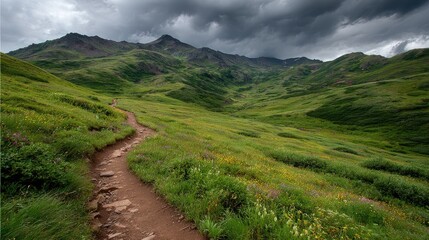 Hiking trail winding through a lush, mountainous valley