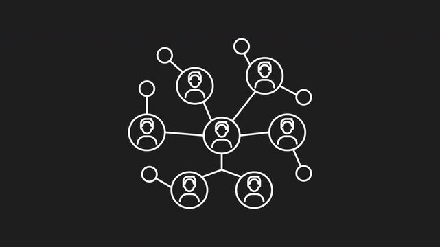 White animated social network icon.  Network of connected people with peripheral circle nodes, ideal for illustrating social networks, teamwork, connectivity, relationships, communication, technology. - Powered by Adobe