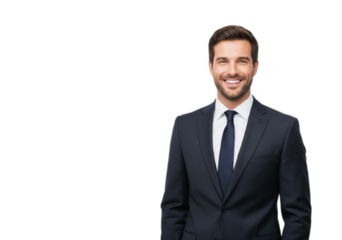 Photo of confident businessman in suit isolated on transparent background smiles at camera