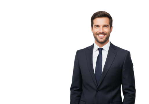 Photo of confident businessman in suit isolated on transparent background smiles at camera