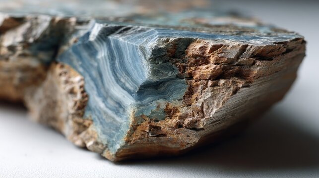 Close-up of a rough, multicolored stone with blue, brown, and tan layers