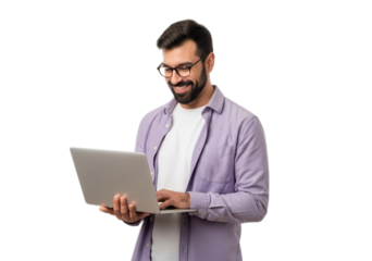 Photo of man with beard and glasses using laptop isolated on transparent background