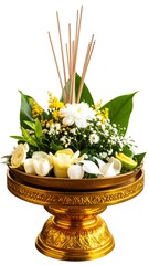 Floral offering in golden tray