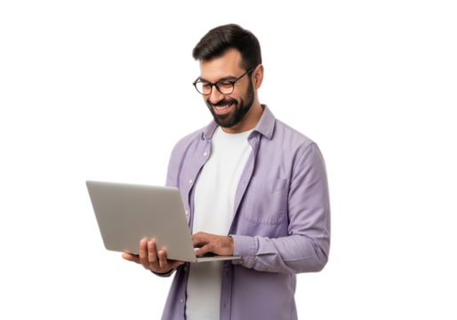 Photo of man with beard and glasses using laptop isolated on transparent background