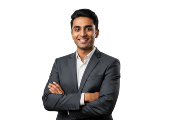 Photo of smiling young businessman in suit with arms crossed isolated on transparent background