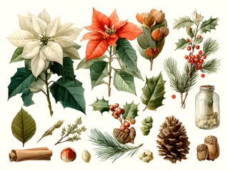 Watercolor painting shows winter holiday botanicals including poinsettias, holly, pine, and pinecones isolated.