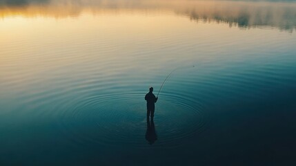 Silhouetted fisherman casts a line on a calm lake at sunrise.