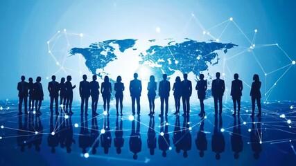 Silhouetted business people against a blue world map and network lines - Powered by Adobe