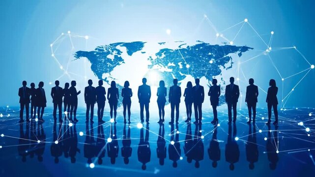 Silhouetted business people against a blue world map and network lines - Powered by Adobe