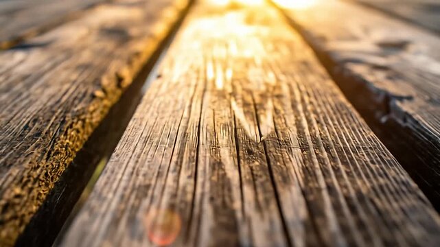 Weathered wooden planks with a golden sun streak between, showing grain & texture