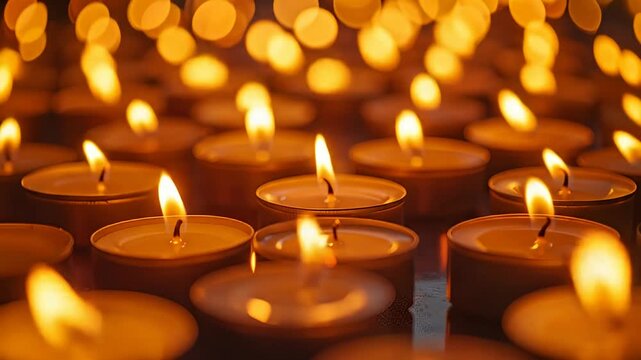 A warm tableau of multiple lit tea light candles, soft golden light and bokeh