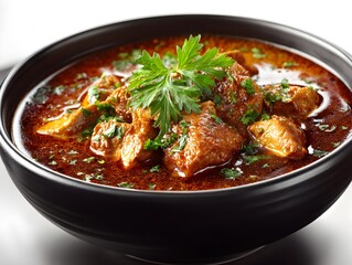 Fototapeta premium Delicious chunks of meat simmered in a flavorful and aromatic brown sauce, garnished with fresh parsley sprigs.