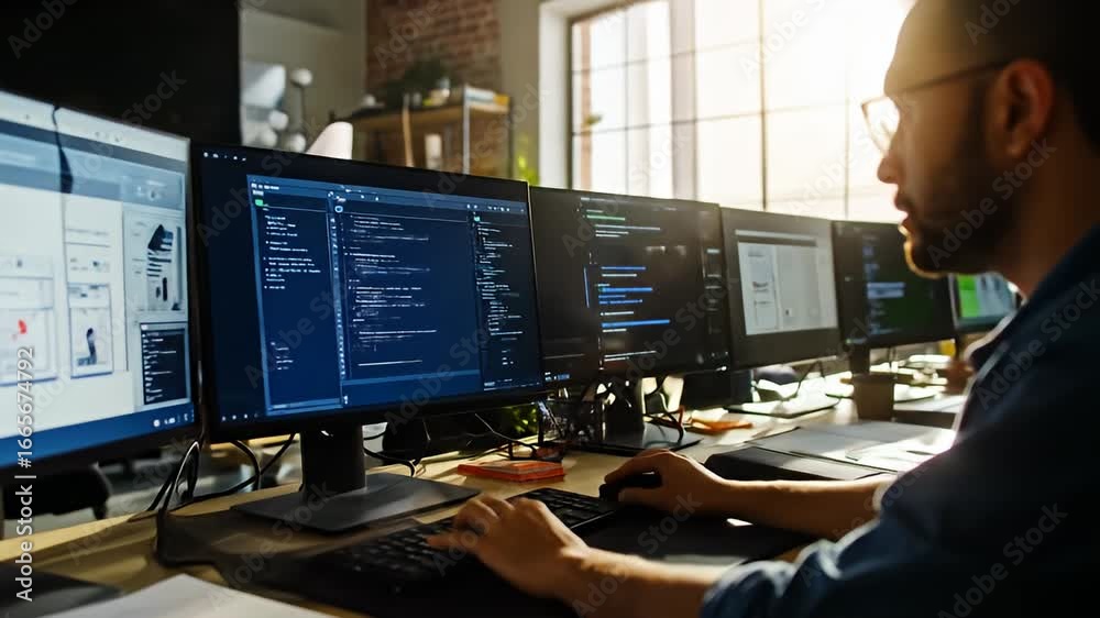 Wall mural programmer types code on keyboard in office with multiple screens, bathed in sunlight