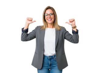 Photo of cheerful blonde businesswoman pointing herself isolated on transparent background