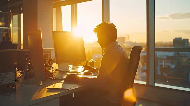 Person working on computer at a desk bathed in warm, bright light from a window