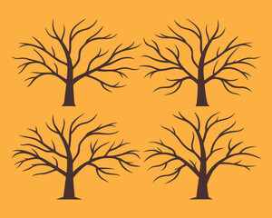 Obraz premium Four Bare Trees Silhouettes on Mustard Yellow Background, Autumn or Halloween Theme