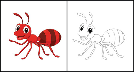 Cute Cartoon Ant Colored and Outline Drawing